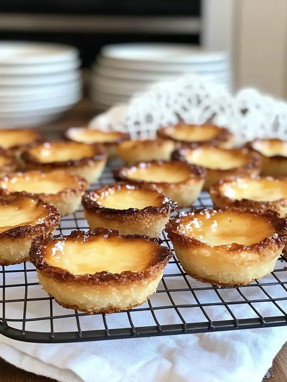 A cooling rack holds several golden-brown mini cheesecakes with a smooth topping, set against a backdrop of stacked plates.