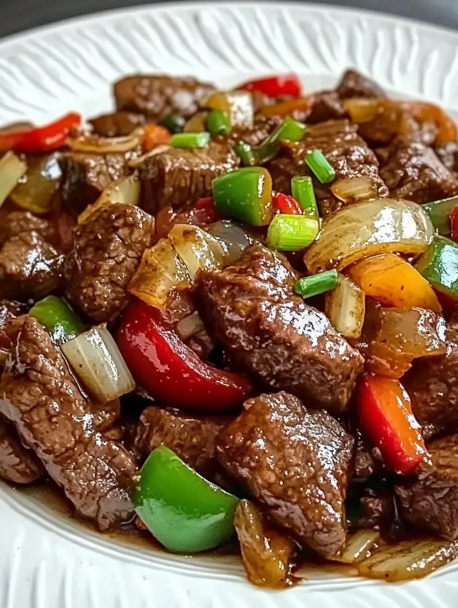 A plate of sautéed beef with colorful bell peppers and onions, glazed in a savory sauce.