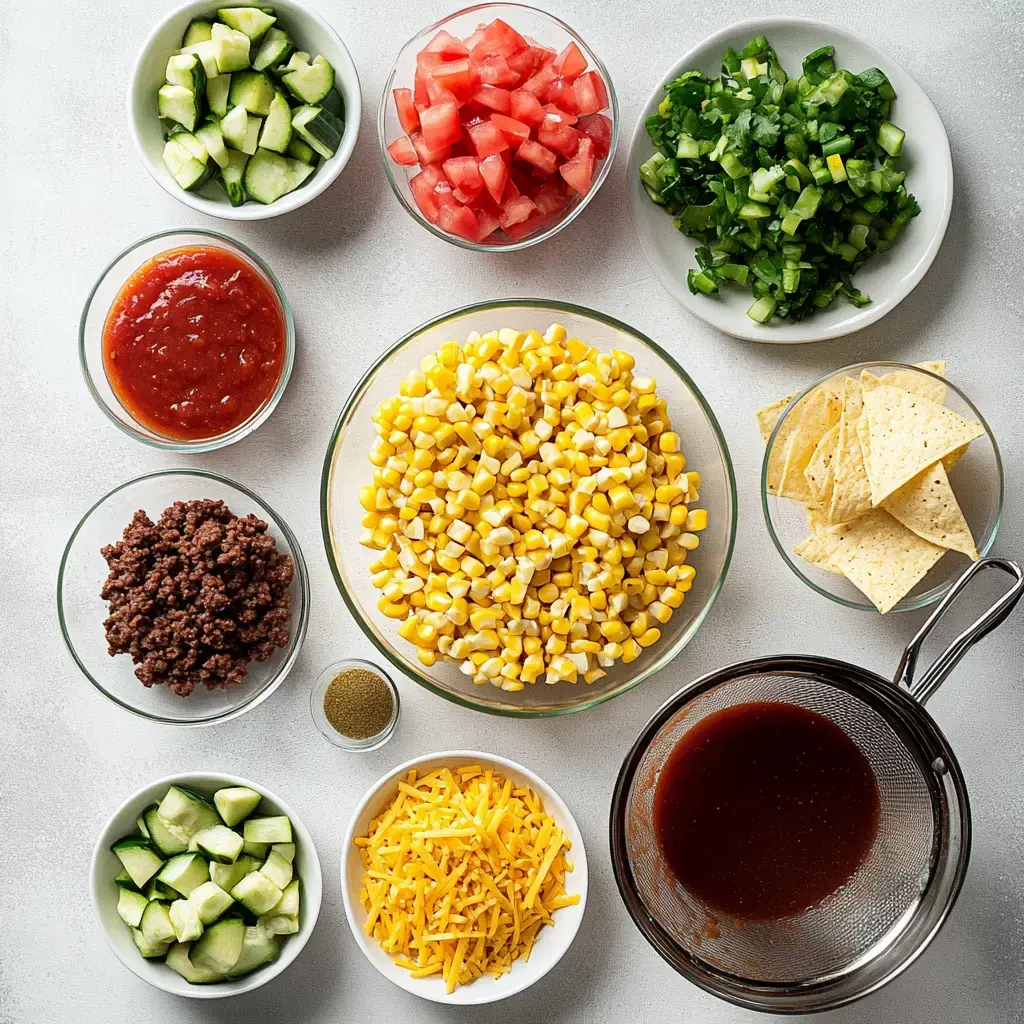 A variety of fresh ingredients, including corn, chopped tomatoes, green onions, cucumbers, ground beef, cheddar cheese, salsa, and tortilla chips, are arranged in clear bowls on a light surface.