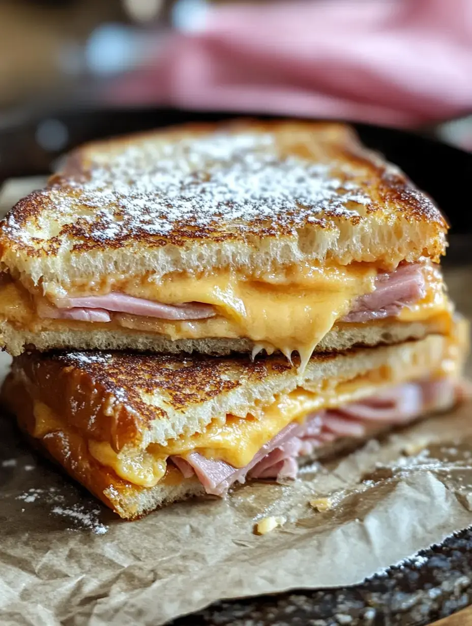 A close-up of a grilled cheese sandwich layered with melted cheddar cheese and ham, dusted with powdered sugar, served on parchment paper.