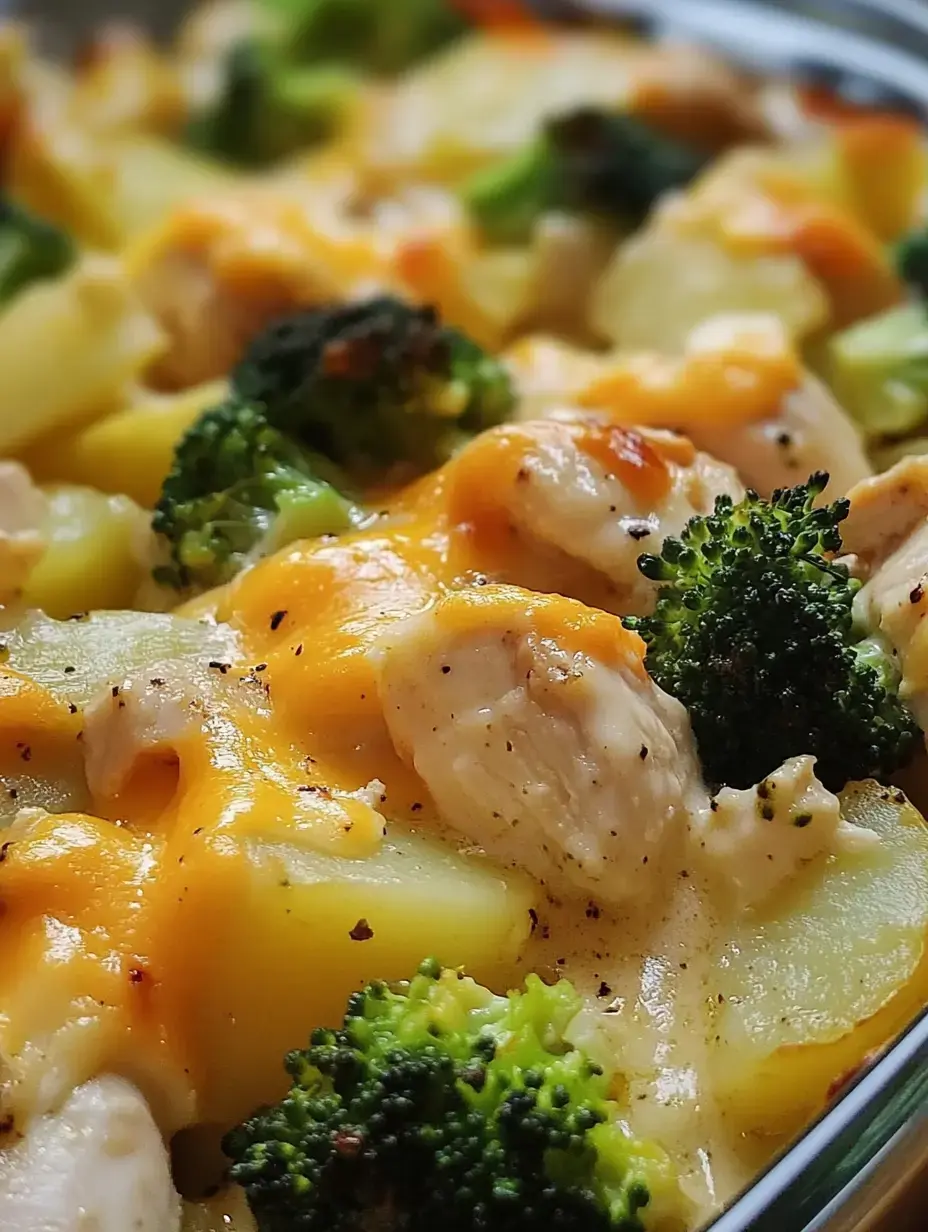 A close-up of a baked dish featuring chicken, broccoli, and potatoes, topped with melted cheese.