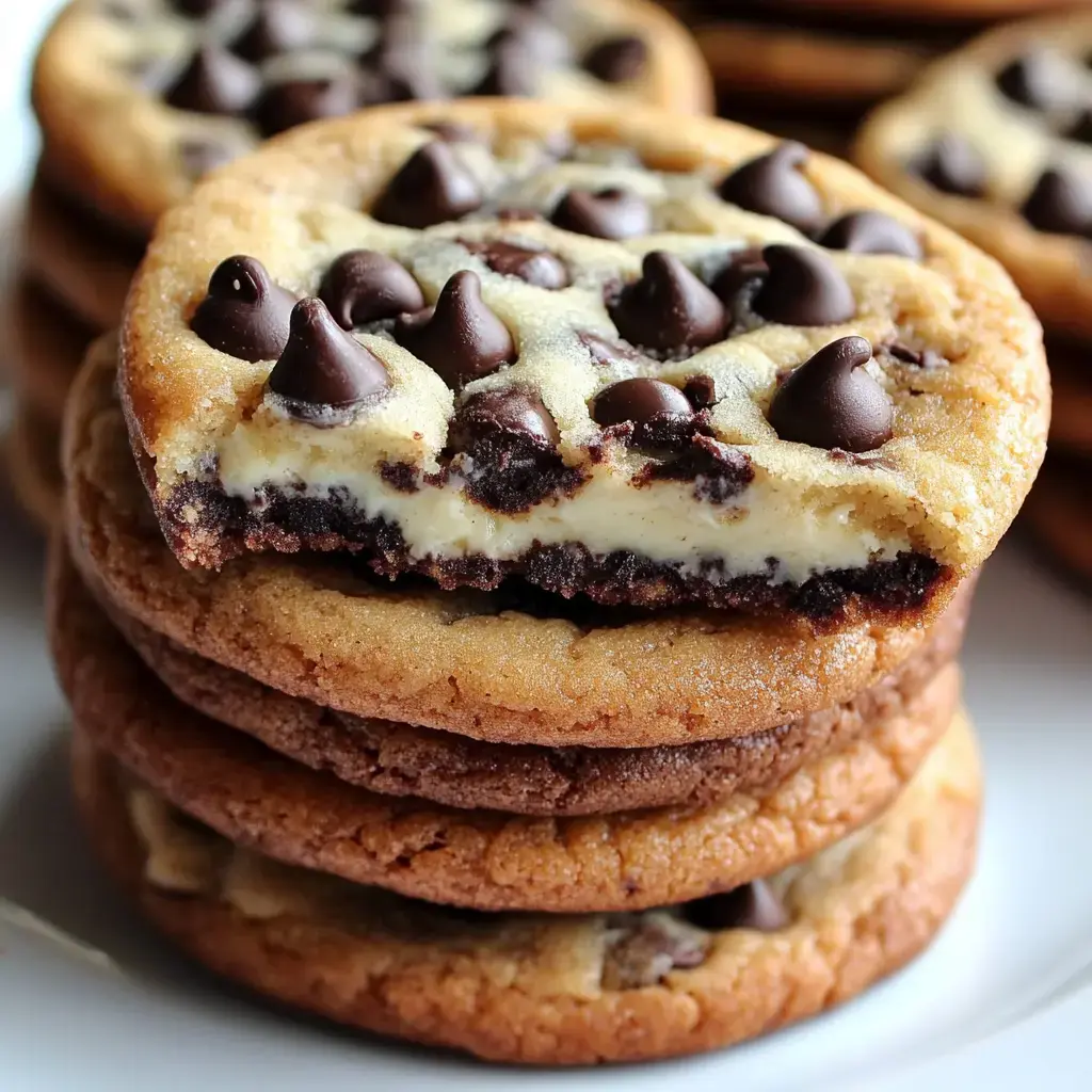 A stack of freshly baked chocolate chip cookies, with one cookie displaying a creamy filling and chocolate chunks on top.