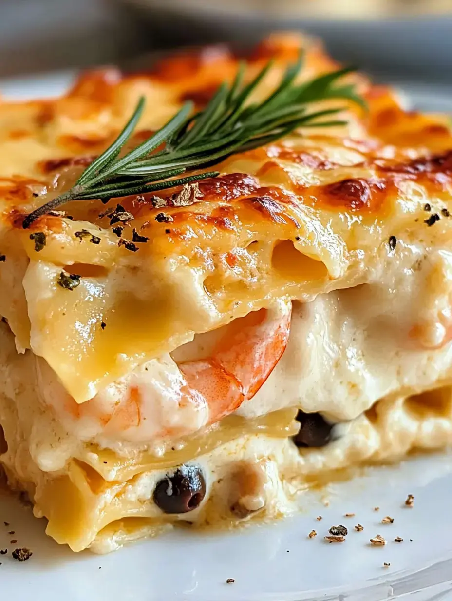 A close-up of a delicious seafood lasagna layered with shrimp, creamy sauce, and topped with a sprig of rosemary.