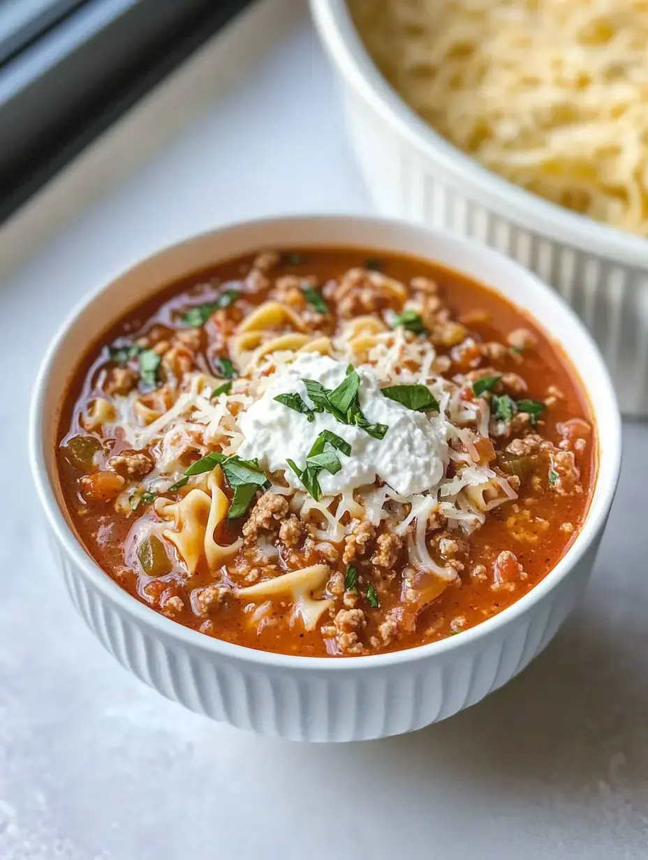 A bowl of hearty lasagna soup topped with shredded cheese, ricotta, and fresh herbs, with a background of cheese in a dish.