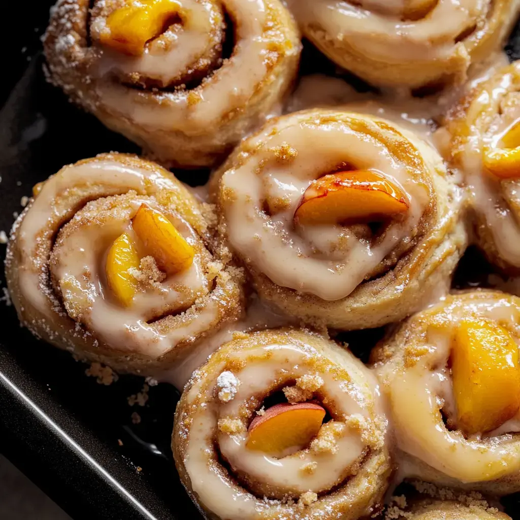 A close-up image of freshly baked cinnamon rolls topped with a creamy glaze and peach slices.