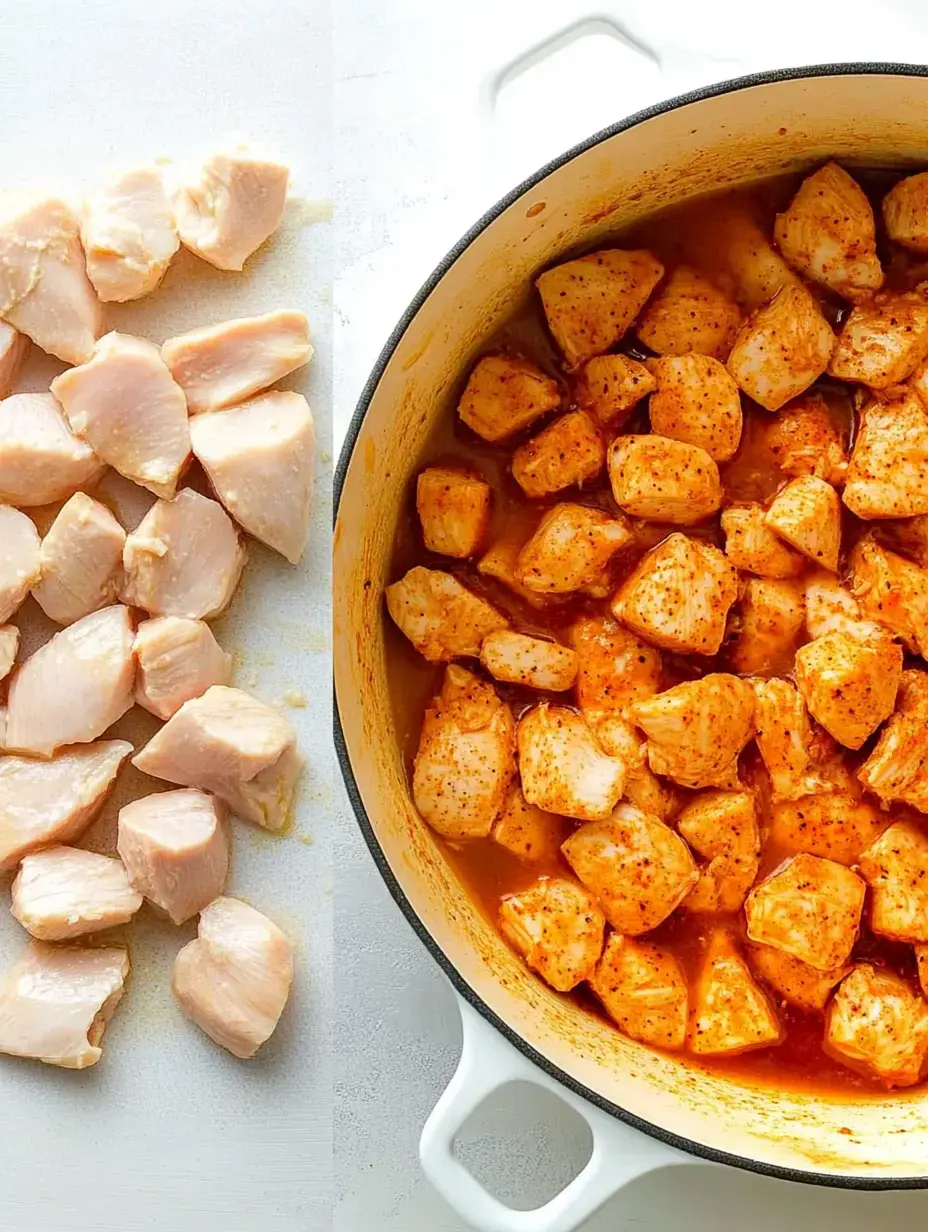 Raw, diced chicken breast is shown on the left alongside seasoned chicken cubes cooking in a pot on the right.