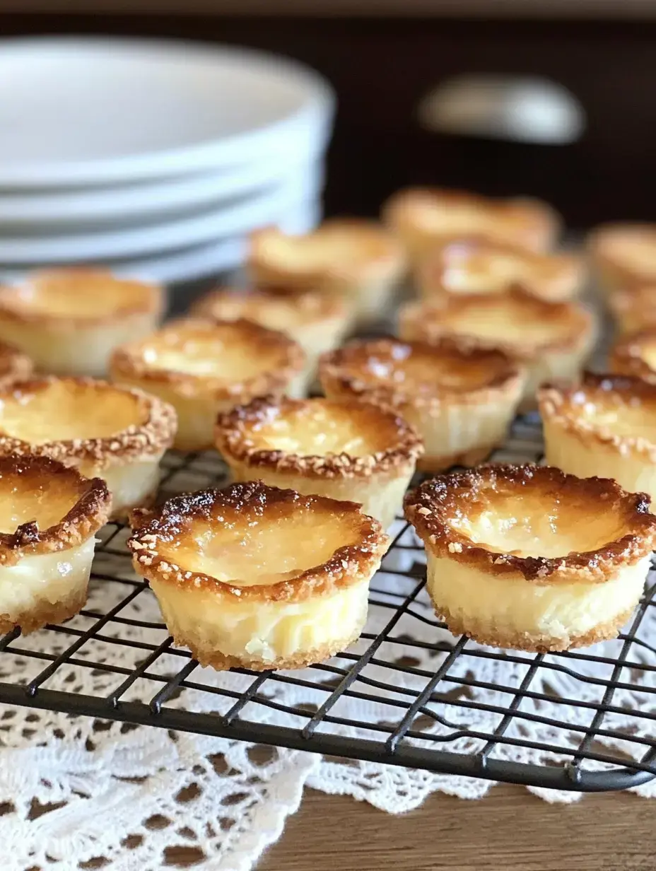 A tray of freshly baked mini custard tarts cooling on a wire rack, with white plates in the background.