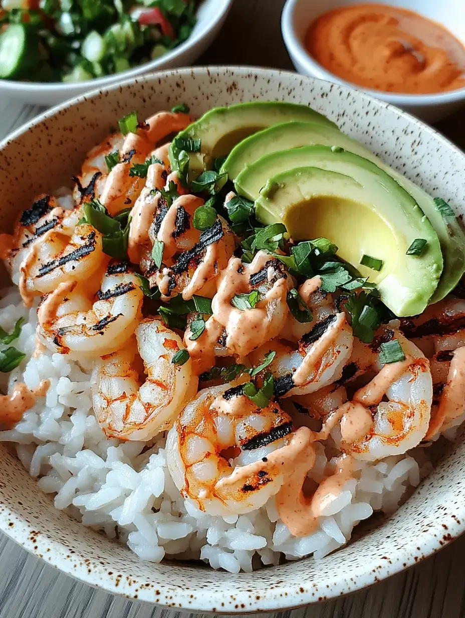 A bowl of rice topped with grilled shrimp, sliced avocado, chopped green onions, and drizzled with a spicy sauce, accompanied by a side of salad and dipping sauce.