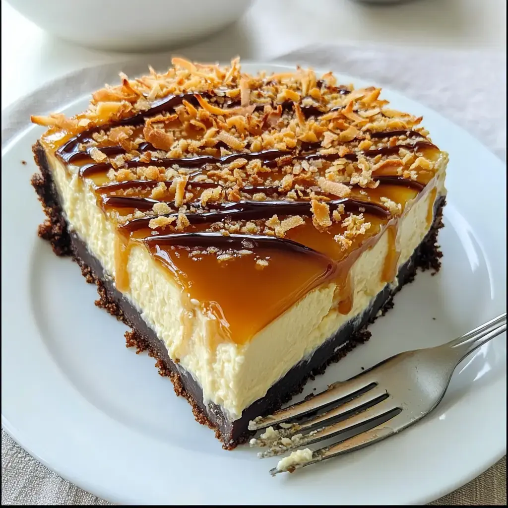 A slice of cheesecake topped with caramel, chocolate drizzle, and toasted coconut, served on a white plate with a fork beside it.