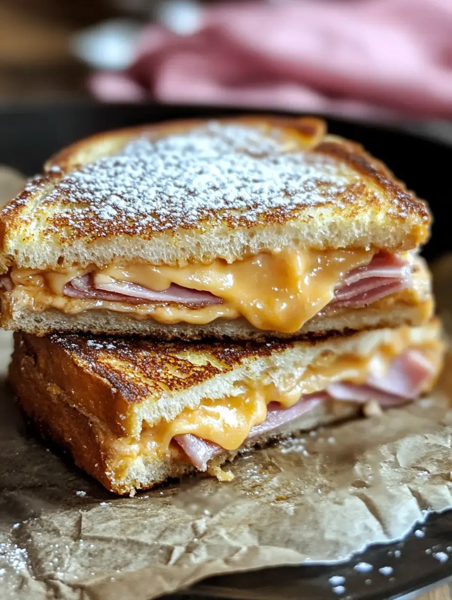 A toasted sandwich layered with melted cheese and ham, dusted with powdered sugar, served on a piece of parchment paper.