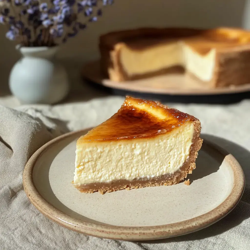 A slice of creamy cheesecake with a caramelized top is placed on a beige plate, with a whole cheesecake and a vase of lavender in the background.