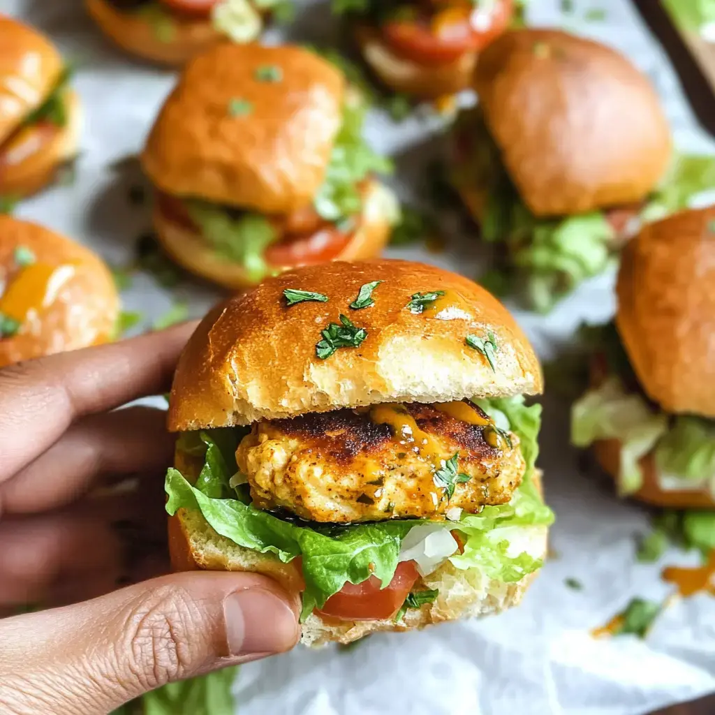 A hand holds a slider sandwich filled with lettuce, tomato, and a seasoned patty, set against a background of more similar sandwiches.