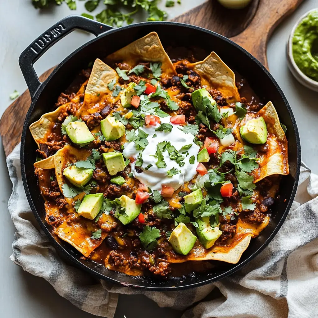 A skillet filled with nachos topped with ground beef, black beans, diced tomatoes, avocado, cilantro, and a dollop of sour cream.