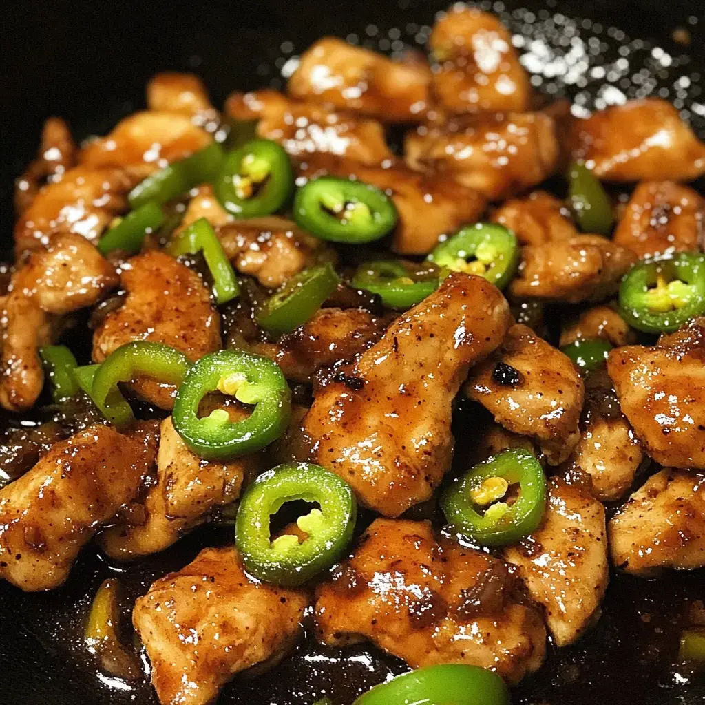 A close-up of cooked chicken pieces glazed in a dark sauce, garnished with sliced green jalapeños and bell peppers.