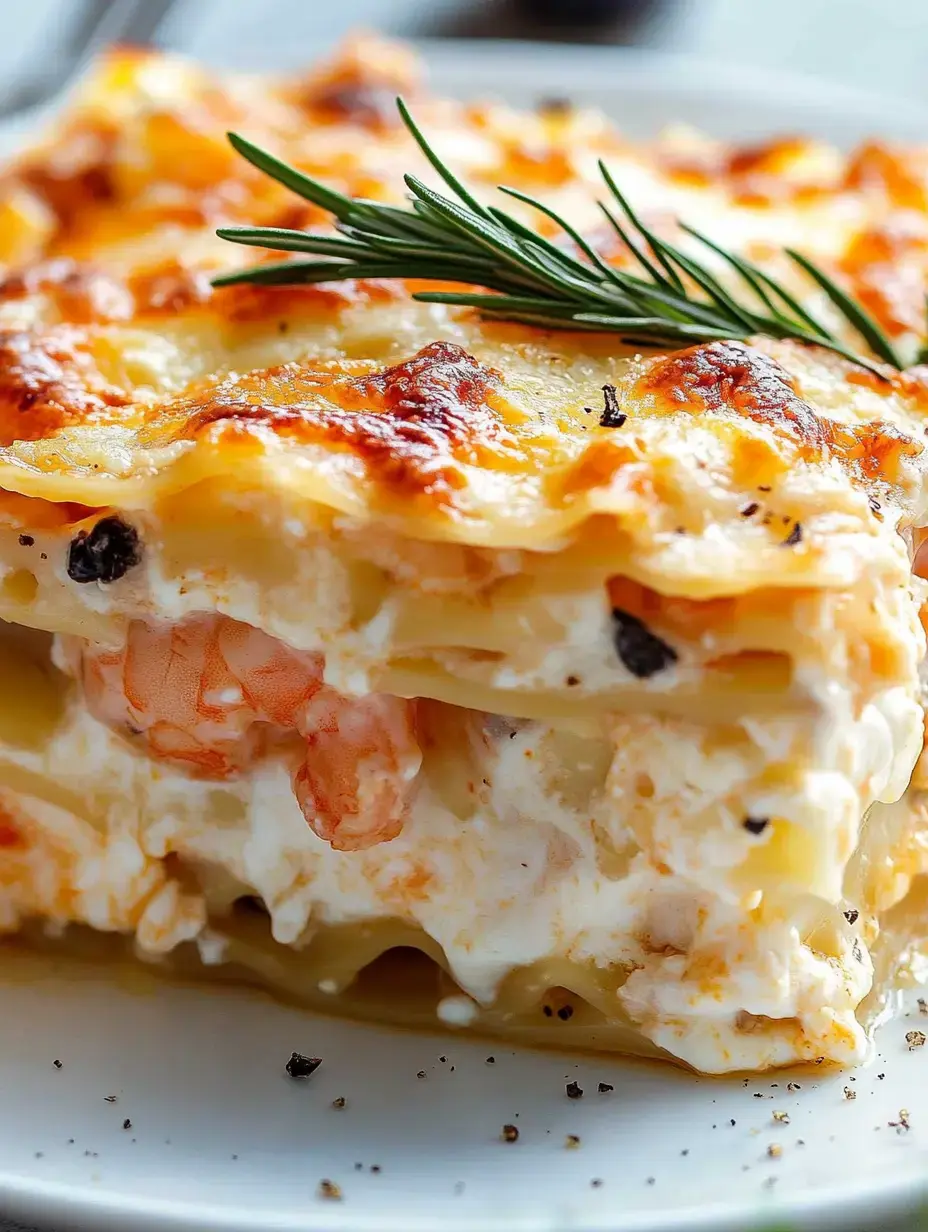 A close-up of a slice of shrimp lasagna topped with melted cheese and garnished with a sprig of rosemary.