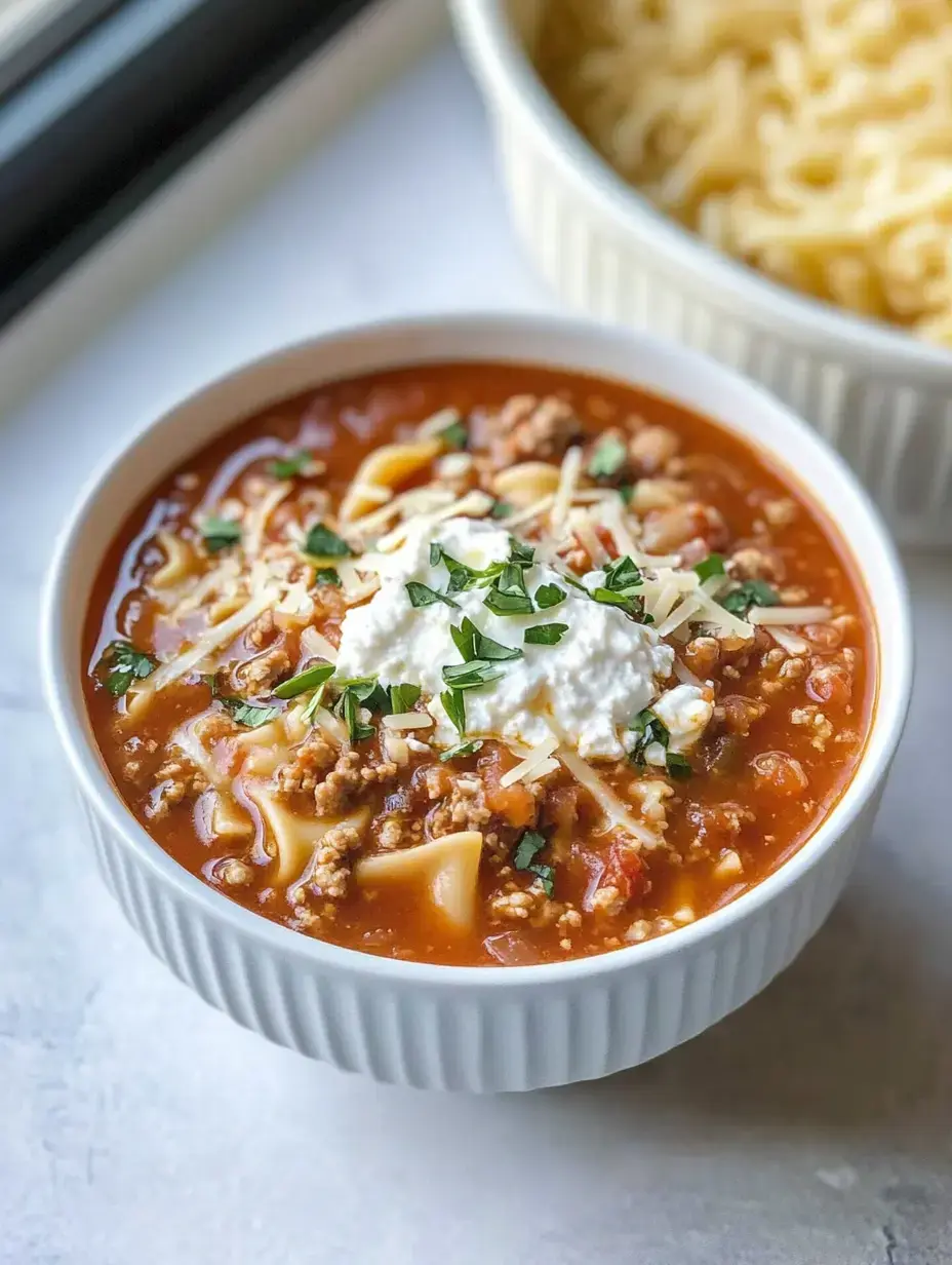 A bowl of hearty meat and noodle soup topped with cheese, ricotta, and fresh herbs, alongside a dish of macaroni.