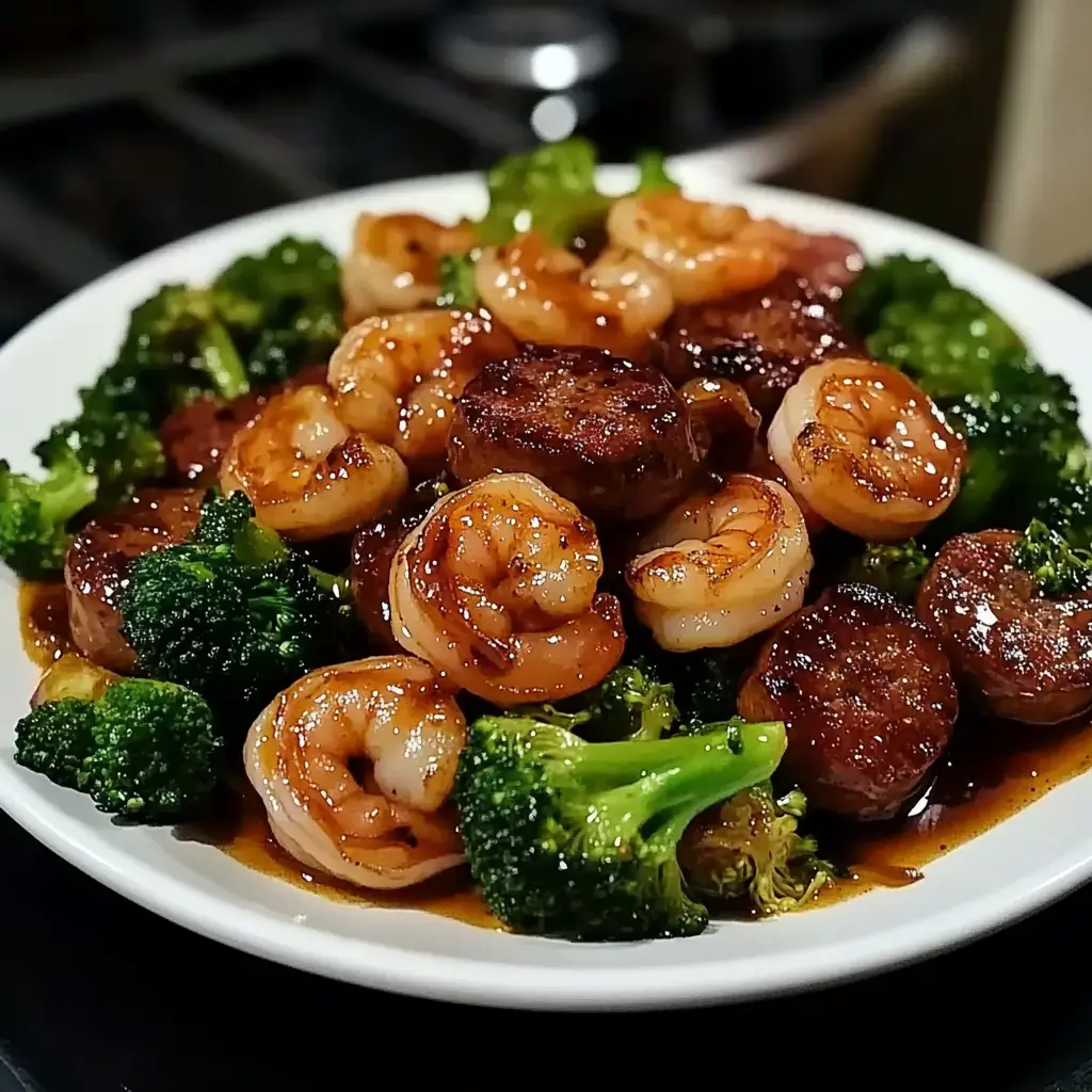 A close-up of a plate filled with sautéed shrimp, sausage, and broccoli drizzled in a glossy sauce.