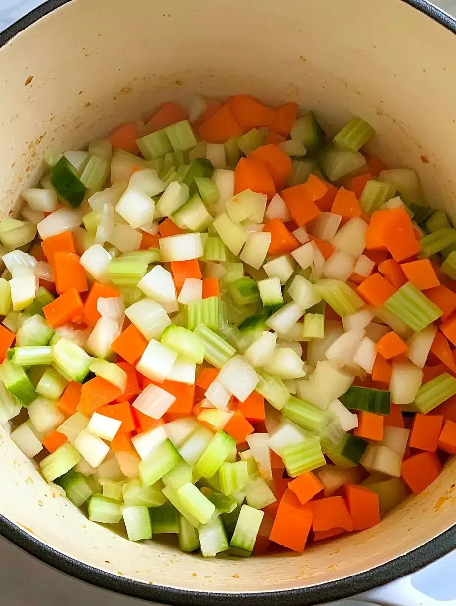 Chopped onions, celery, and carrots are mixed together in a large cooking pot.