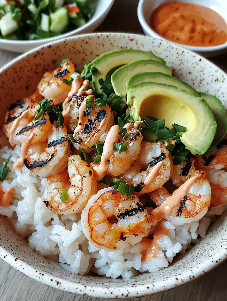 A bowl of grilled shrimp over white rice, topped with sliced avocado and drizzled with a spicy sauce, served alongside a salad and dipping sauce.