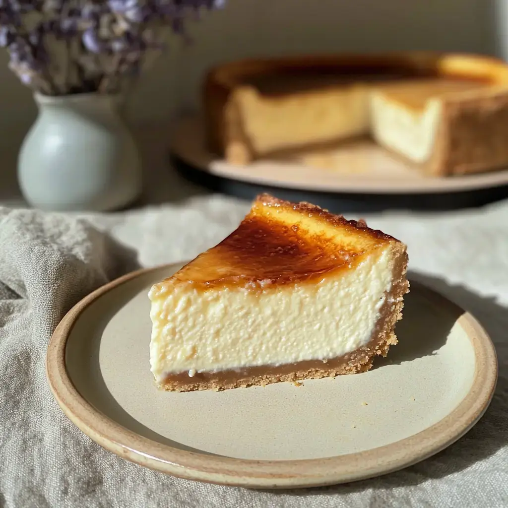 A slice of cheesecake with a caramelized top sits on a plate, with a whole cheesecake and a vase of lavender in the background.