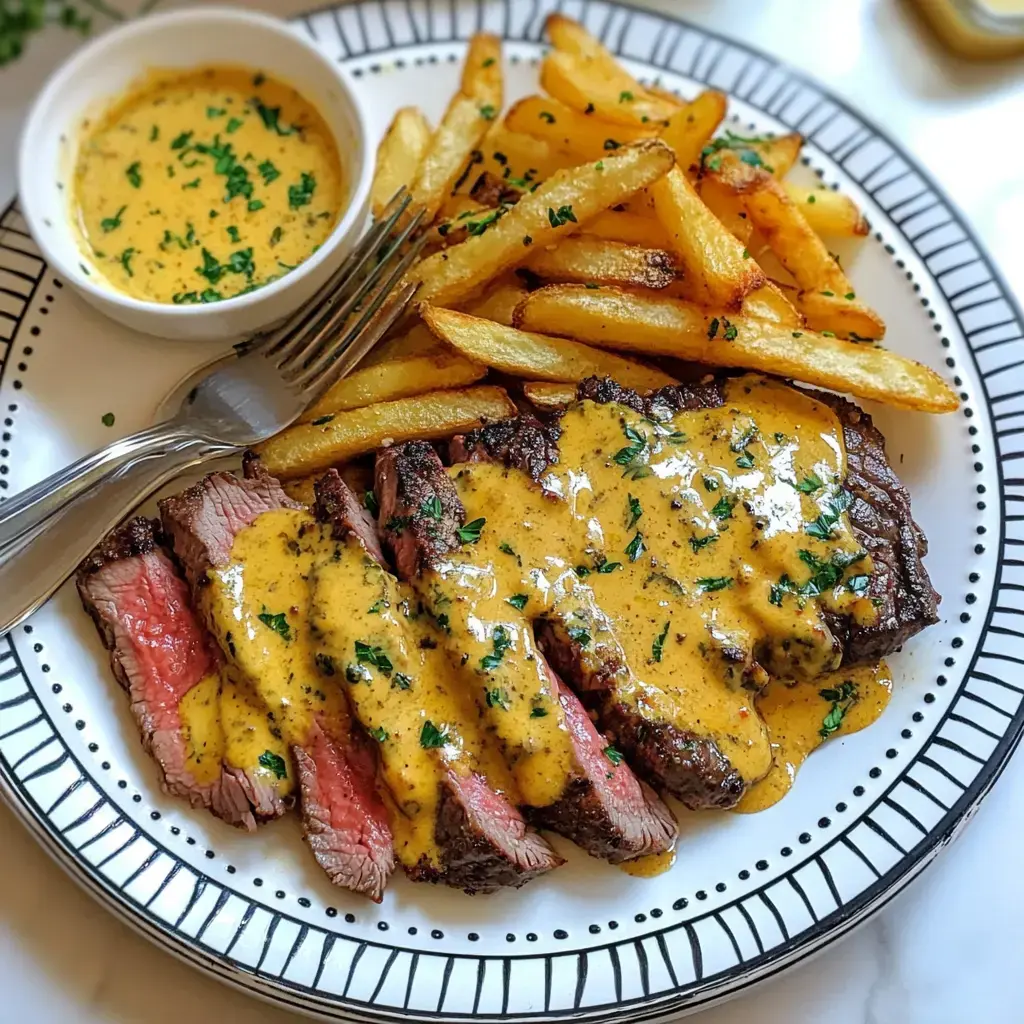 A plate featuring sliced steak drizzled with a creamy sauce, accompanied by crispy French fries and a small bowl of additional sauce.