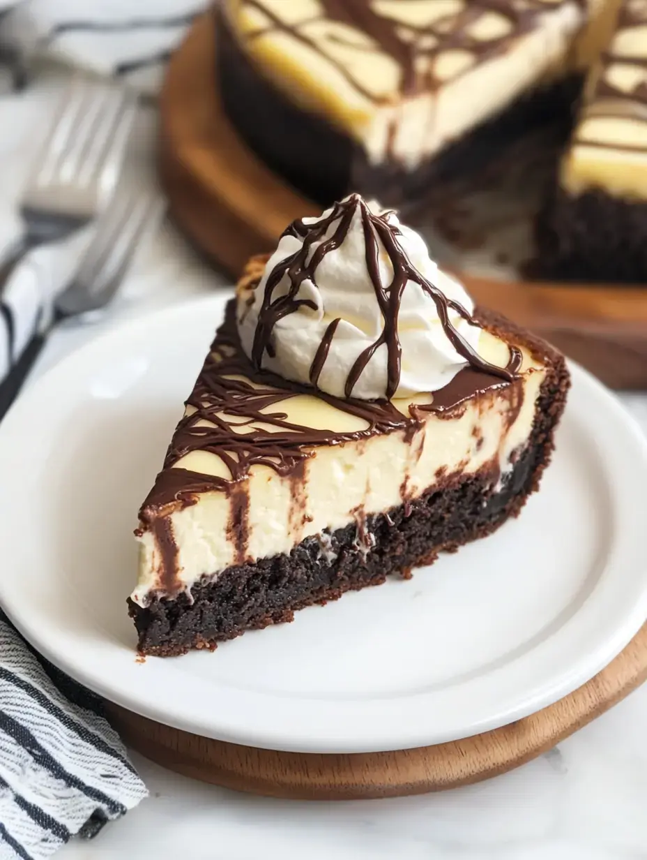 A slice of cheesecake topped with whipped cream and chocolate drizzle, served on a white plate with the whole cake in the background.