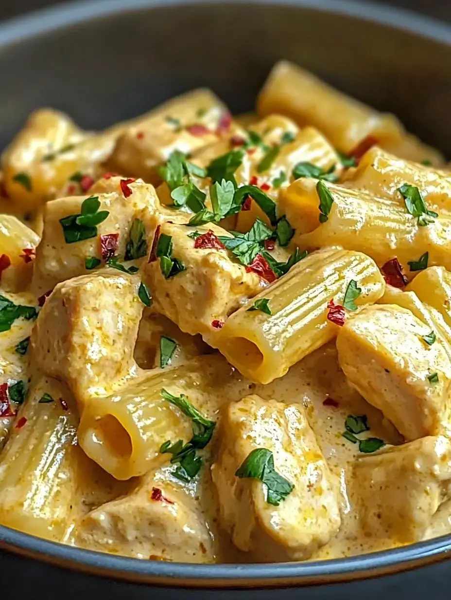 A close-up of creamy rigatoni pasta mixed with chicken pieces and garnished with parsley and red pepper flakes.