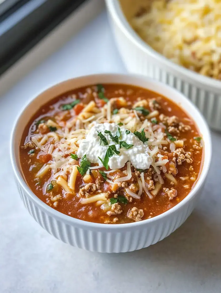 A bowl of hearty pasta soup topped with shredded cheese, ground meat, and a dollop of ricotta, garnished with fresh herbs.