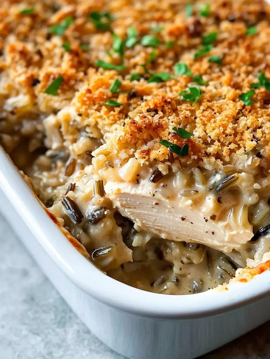 A close-up of a creamy chicken and wild rice casserole topped with golden brown breadcrumbs and green herbs.