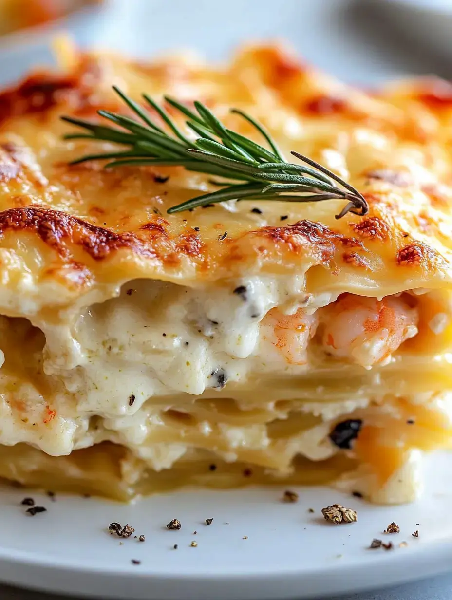 A close-up of a slice of creamy shrimp lasagna topped with melted cheese and garnished with a sprig of rosemary.