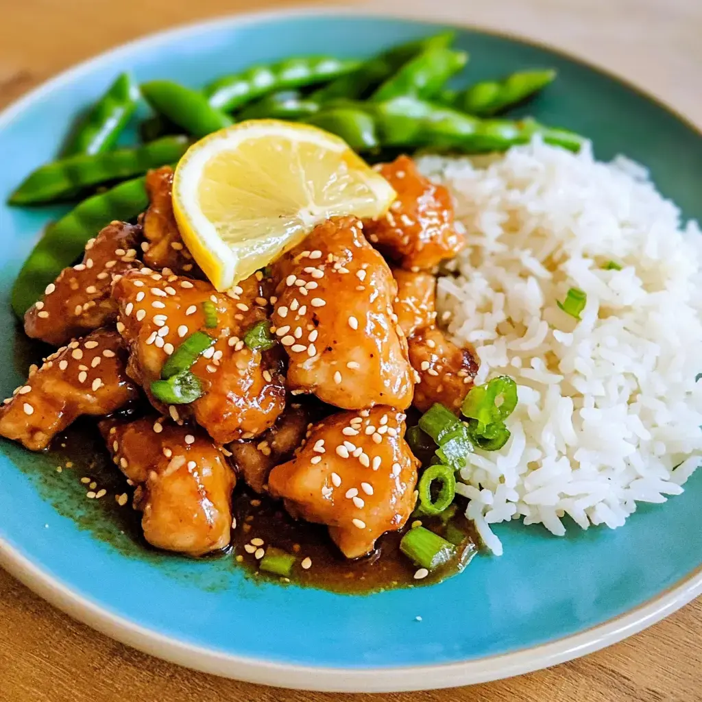 A plate of sesame chicken topped with a lemon slice, served with white rice and green beans.