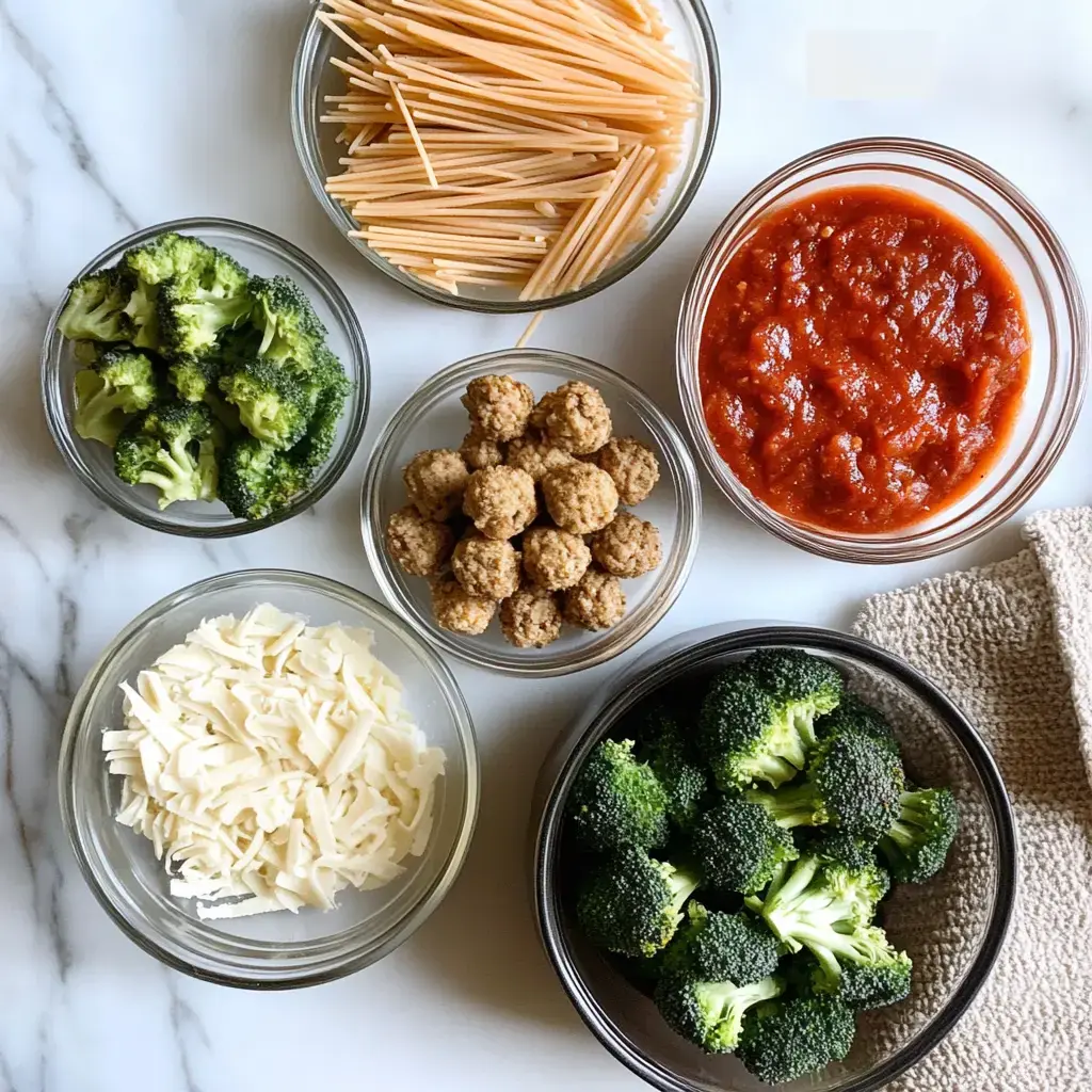 A variety of ingredients is arranged in bowls, including uncooked spaghetti, broccoli, marinara sauce, shredded cheese, and meatballs, displayed on a marble surface.