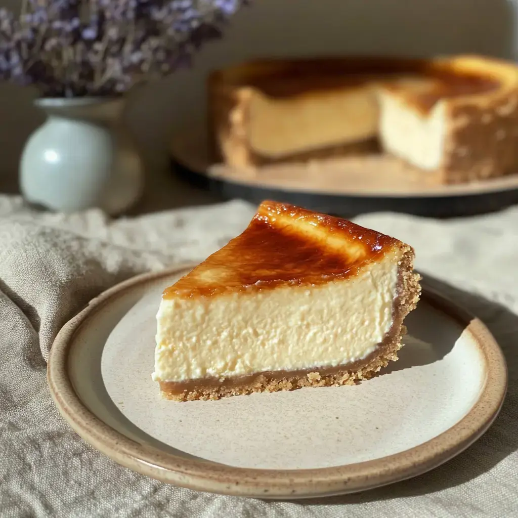 A slice of creamy cheesecake with a caramelized top is placed on a plate, with a whole cheesecake and a vase of lavender in the background.