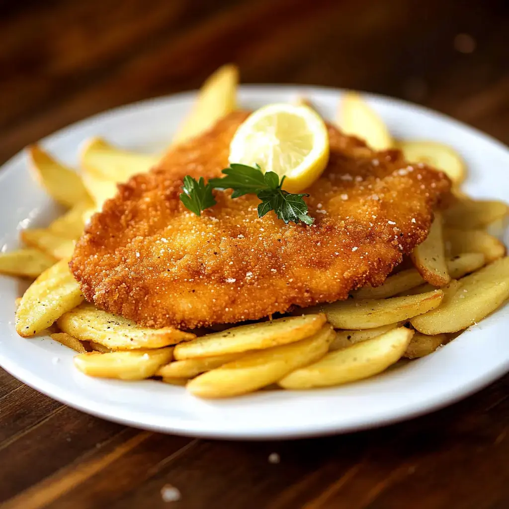 A plate of golden, crispy fried fish is served on a bed of potato wedges, garnished with a lemon slice and parsley.