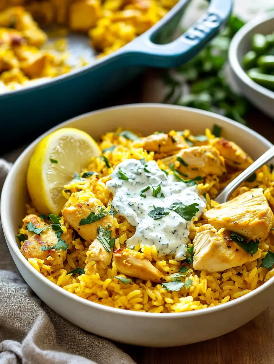 A bowl of yellow rice topped with grilled chicken, a slice of lemon, and a dollop of creamy sauce, garnished with fresh herbs.