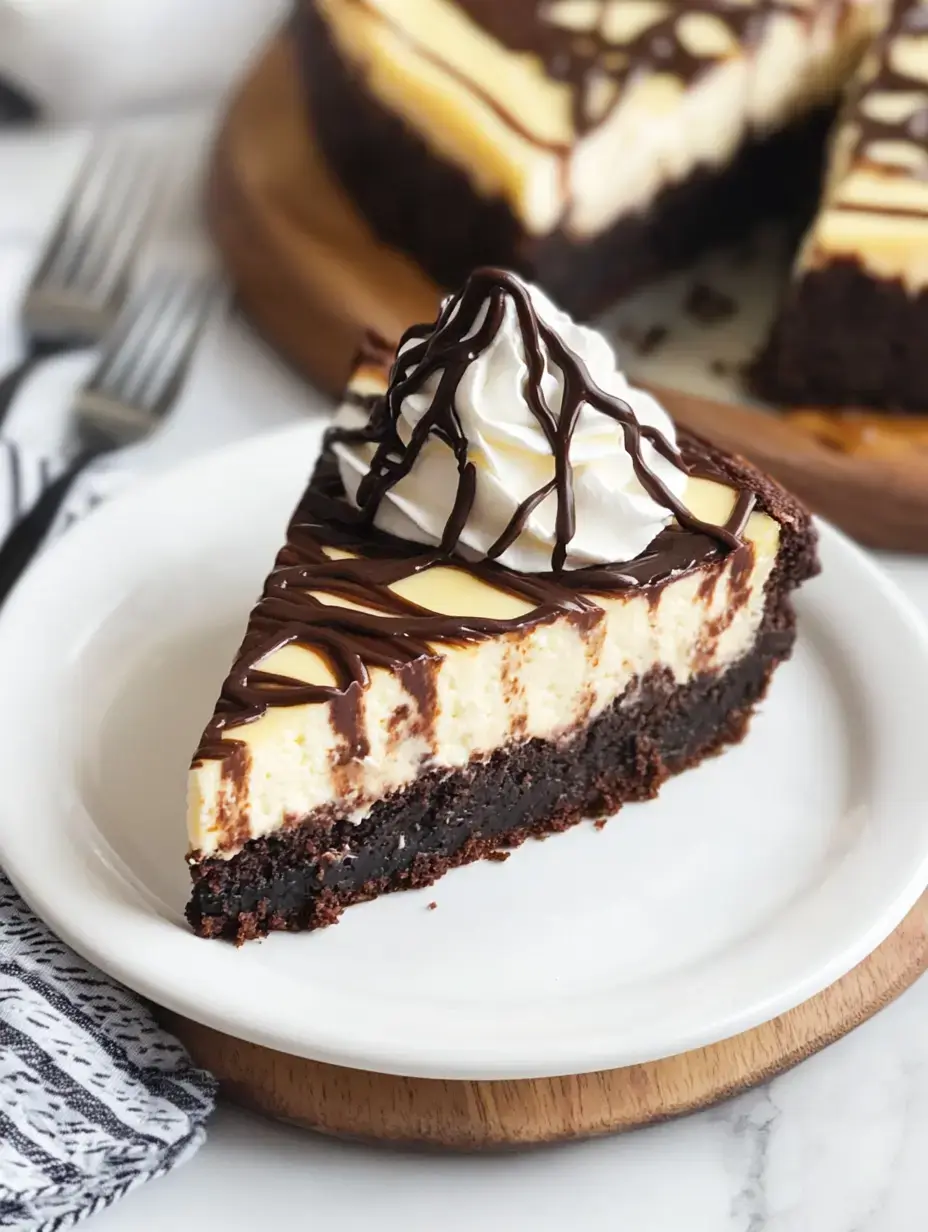 A slice of layered cheesecake topped with whipped cream and chocolate drizzle, served on a white plate alongside a fork.