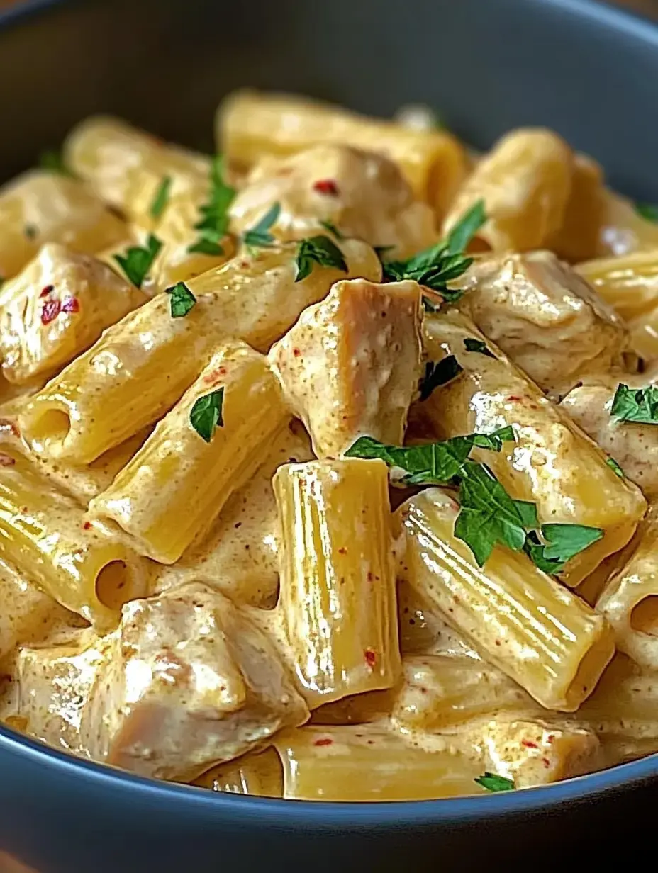 A close-up of creamy pasta with chicken, garnished with parsley in a dark bowl.