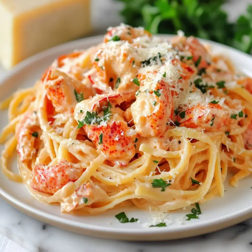 A plate of creamy lobster pasta topped with parsley and grated cheese, accompanied by a block of cheese in the background.