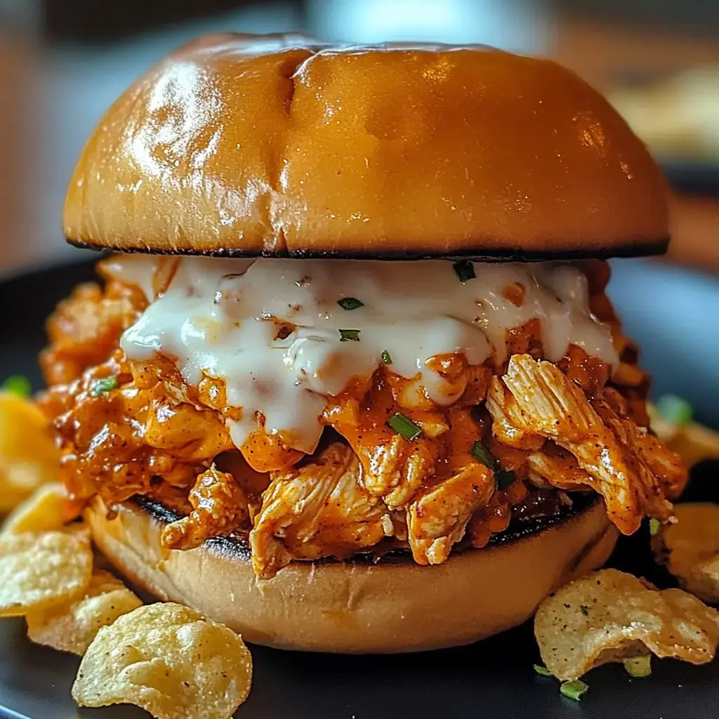 A close-up of a delicious sandwich featuring shredded chicken in a spicy sauce, topped with a creamy sauce and served with potato chips on the side.