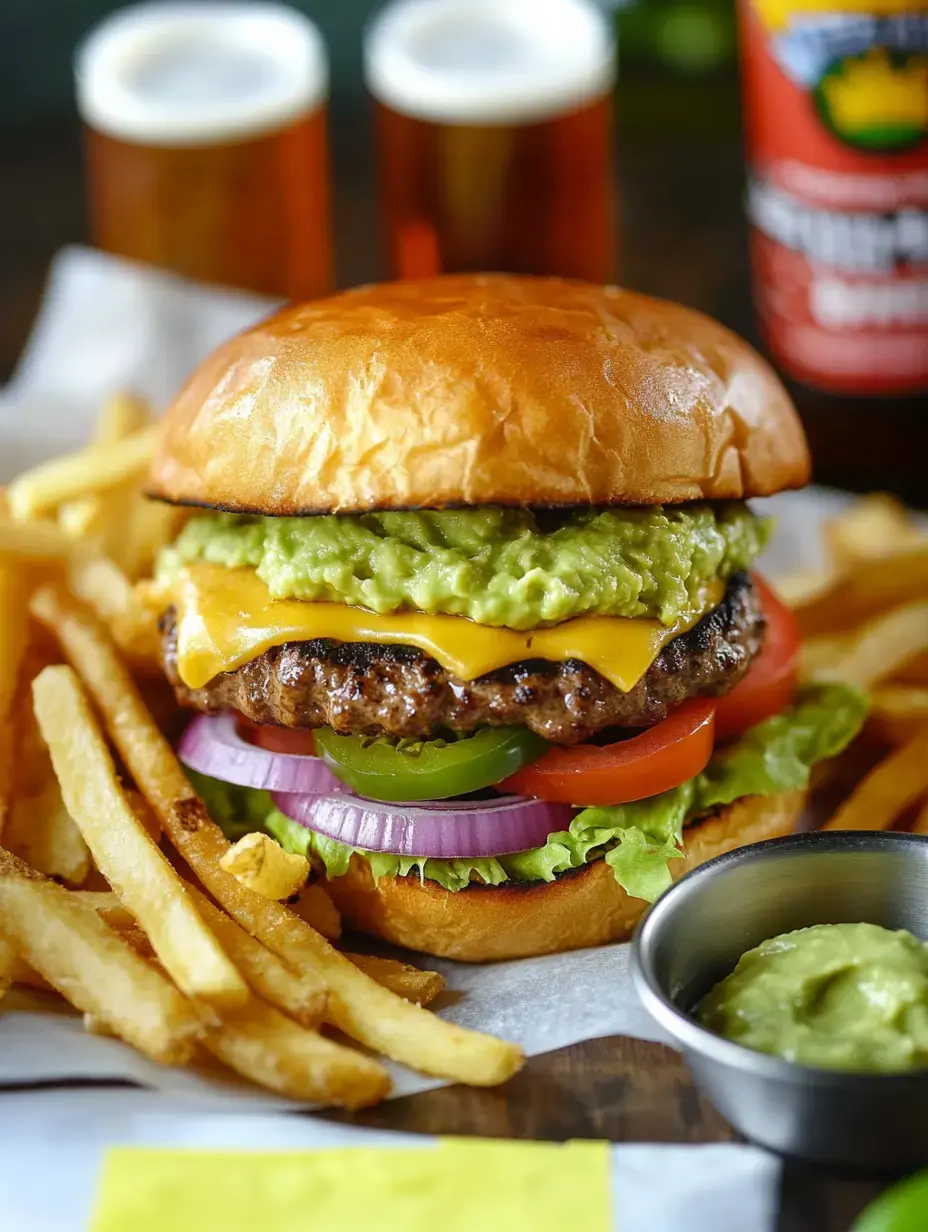 A juicy cheeseburger topped with guacamole, lettuce, tomato, onion, and pickles, served with French fries and a side of guacamole.