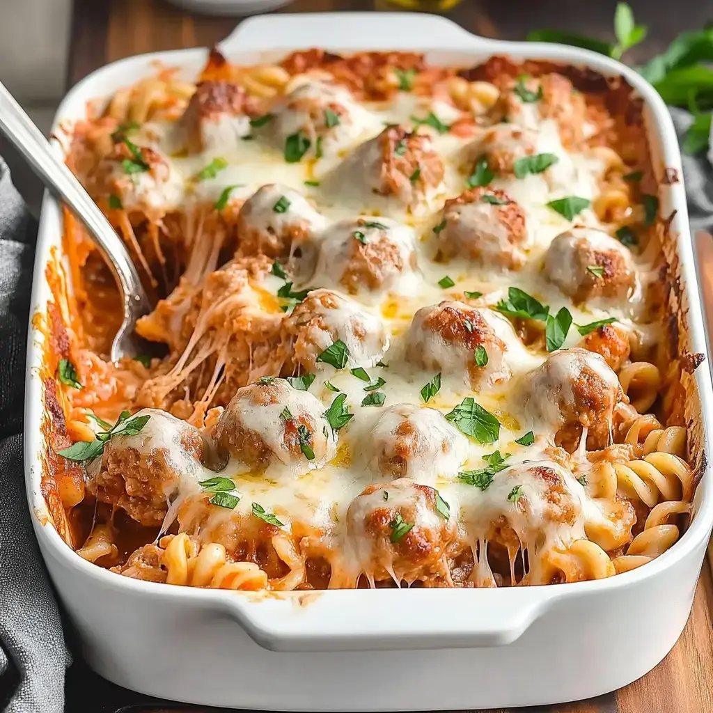 A delicious casserole dish filled with cooked pasta, meatballs, marinara sauce, and melted cheese, garnished with parsley.