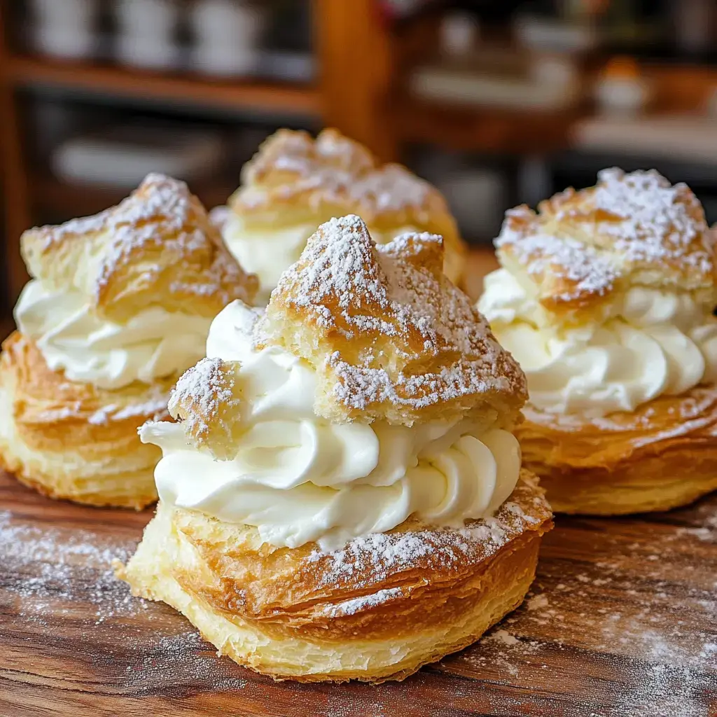 A close-up of three cream-filled pastries dusted with powdered sugar on a wooden surface.