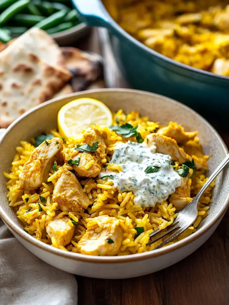 A bowl of yellow rice with chicken pieces, topped with a dollop of yogurt sauce and garnished with parsley, alongside lemon slices and naan bread in the background.