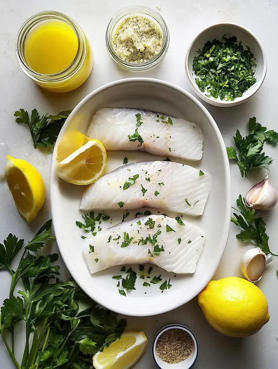 A plate of raw fish fillets topped with chopped herbs, surrounded by lemon wedges, garlic, and condiments.