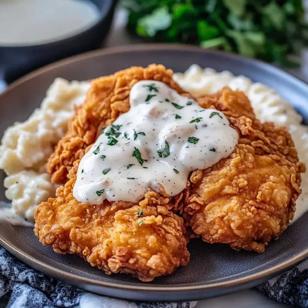 A plate of two pieces of fried chicken topped with creamy gravy, served alongside a portion of mashed potatoes.