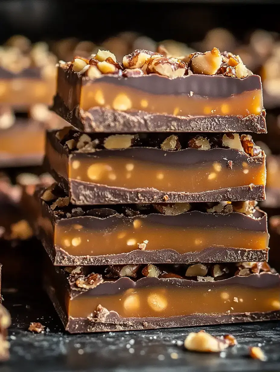 A stack of layered chocolate and caramel bars topped with chopped nuts.