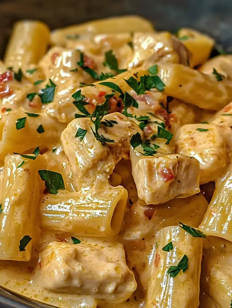 A close-up of creamy rigatoni pasta mixed with tender chicken pieces and garnished with fresh parsley.