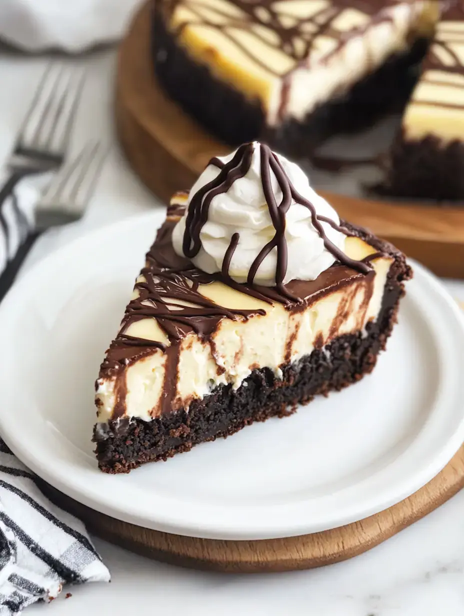 A slice of layered cheesecake with a chocolate drizzle and whipped cream sits on a white plate, with a larger cheesecake in the background.