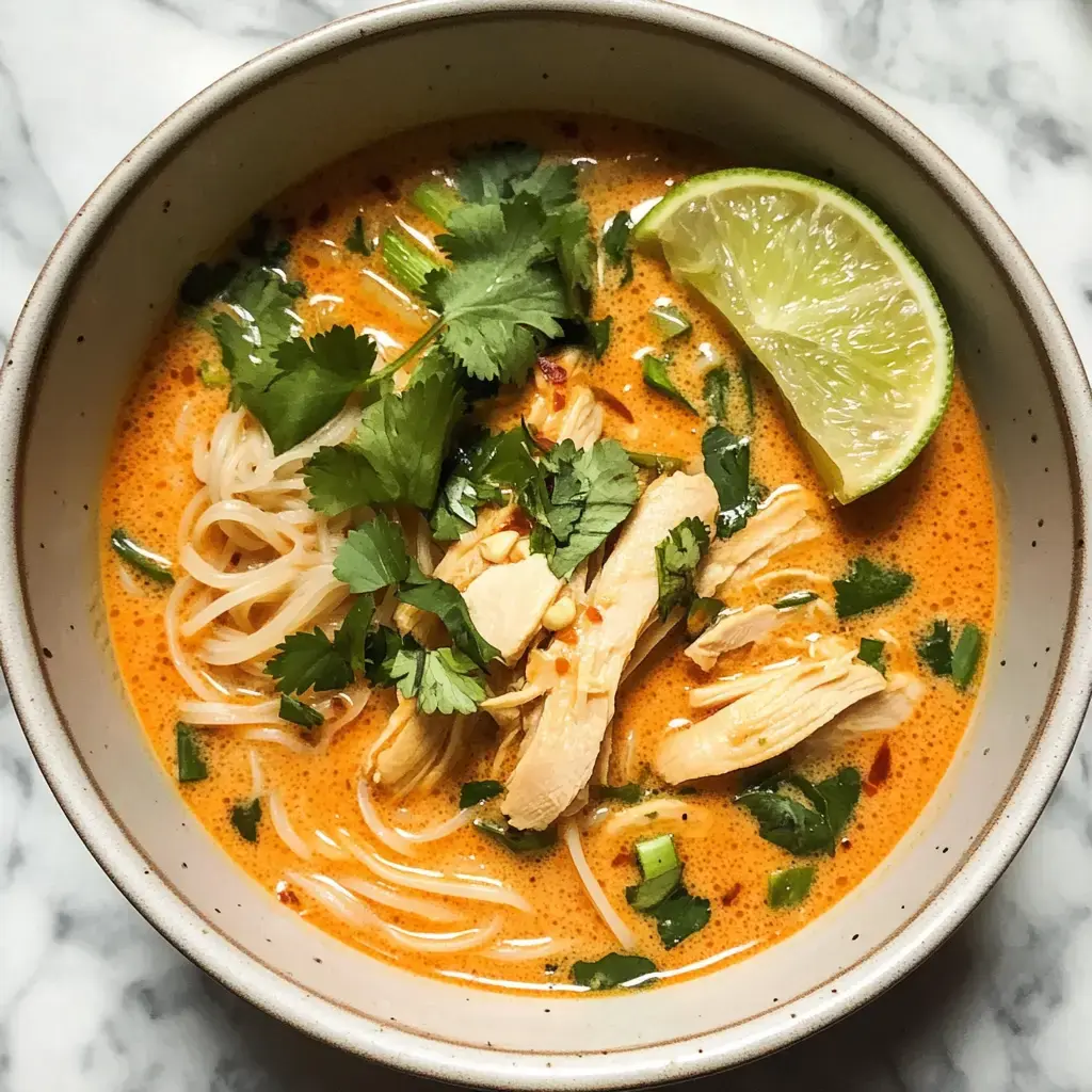 A bowl of creamy orange soup with noodles, shredded chicken, cilantro, and a lime wedge on a marble surface.