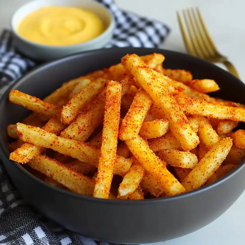 A black bowl filled with seasoned French fries, accompanied by a small bowl of mustard sauce in the background.